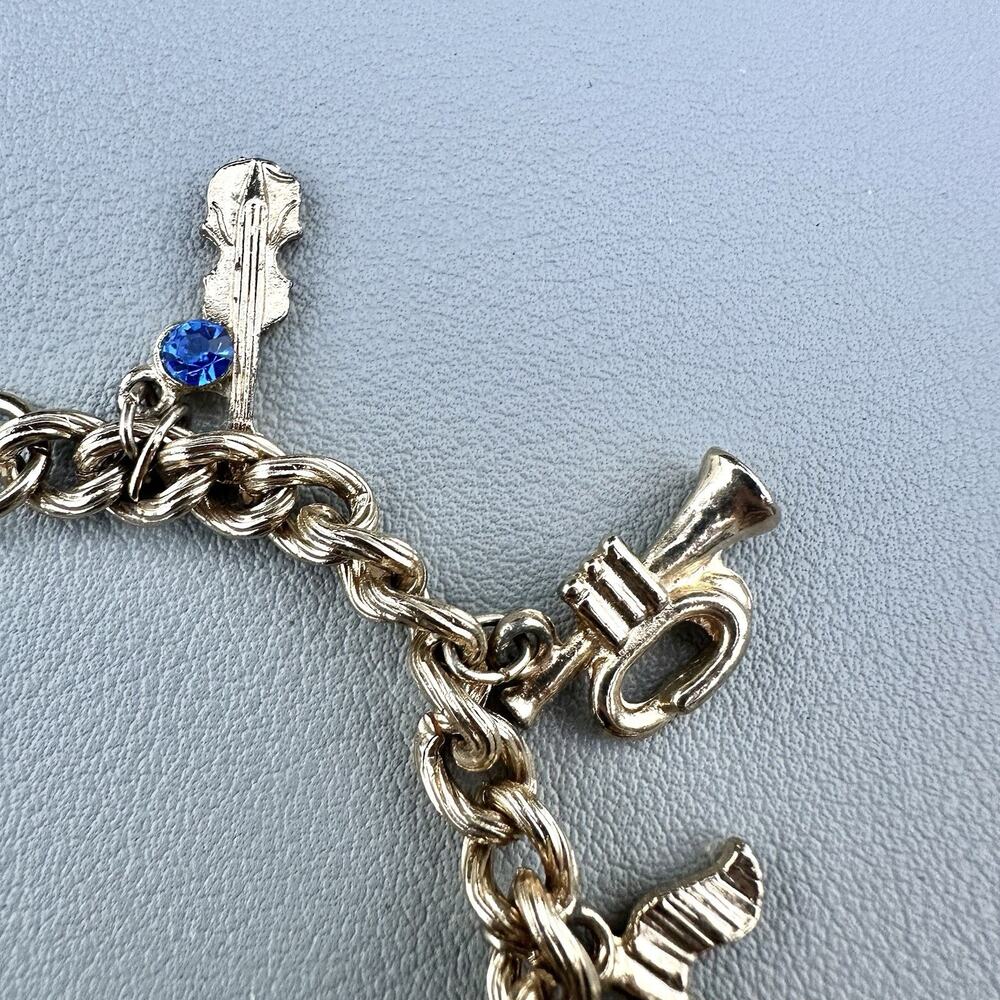 Vintage Musical Instruments Charm Bracelet Gold Tone Rhinestone Notes Chain - Picture 3 of 5